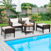 5-piece patio rattan furniture set featuring acacia wood table, ergonomic chairs, and ottomans, perfect for outdoor.