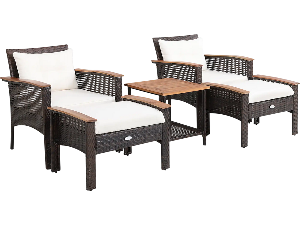 5 Pieces Patio Rattan Furniture Set with Acacia Wood Table