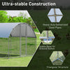 Large metal chicken coop featuring a triangular structure, galvanized steel frame, and waterproof cover for outdoor use.