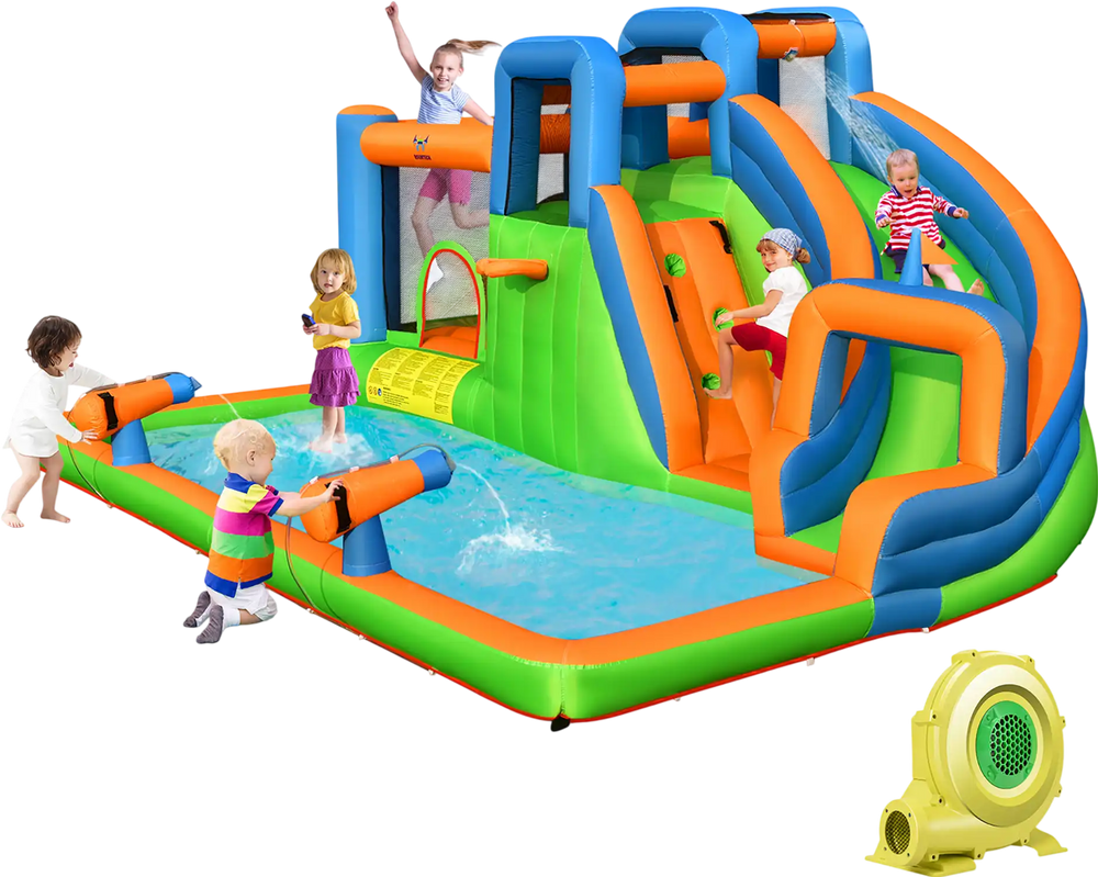 7-in-1 Inflatable Giant Water Park Bouncer with Dual Climbing Walls and 735W Blower