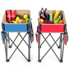 Folding camping tables in blue and red with large capacity storage sinks, ideal for picnics and outdoor activities.