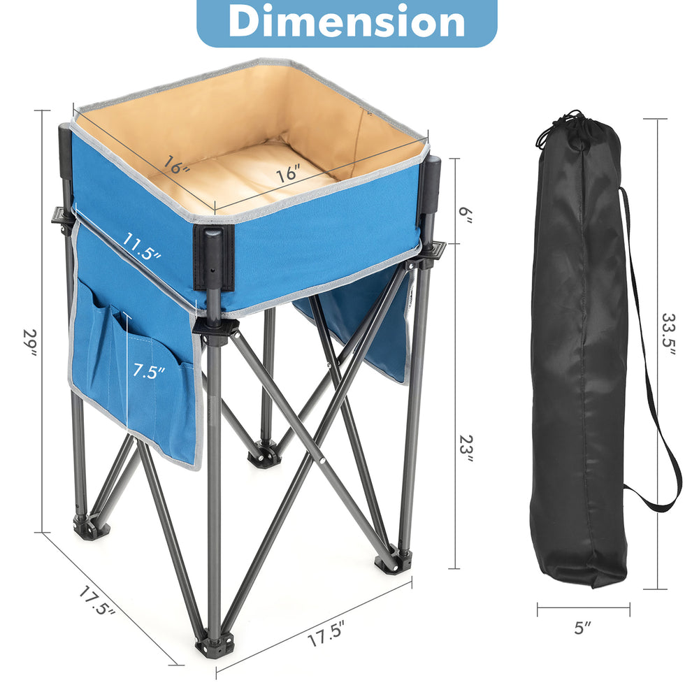 Folding camping table with large storage sink and side bags, made of waterproof oxford fabric, ideal for outdoor.