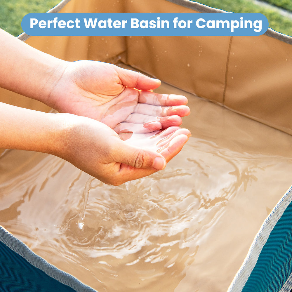 Folding camping table with large capacity storage sink, ideal for outdoor activities like picnics and camping.