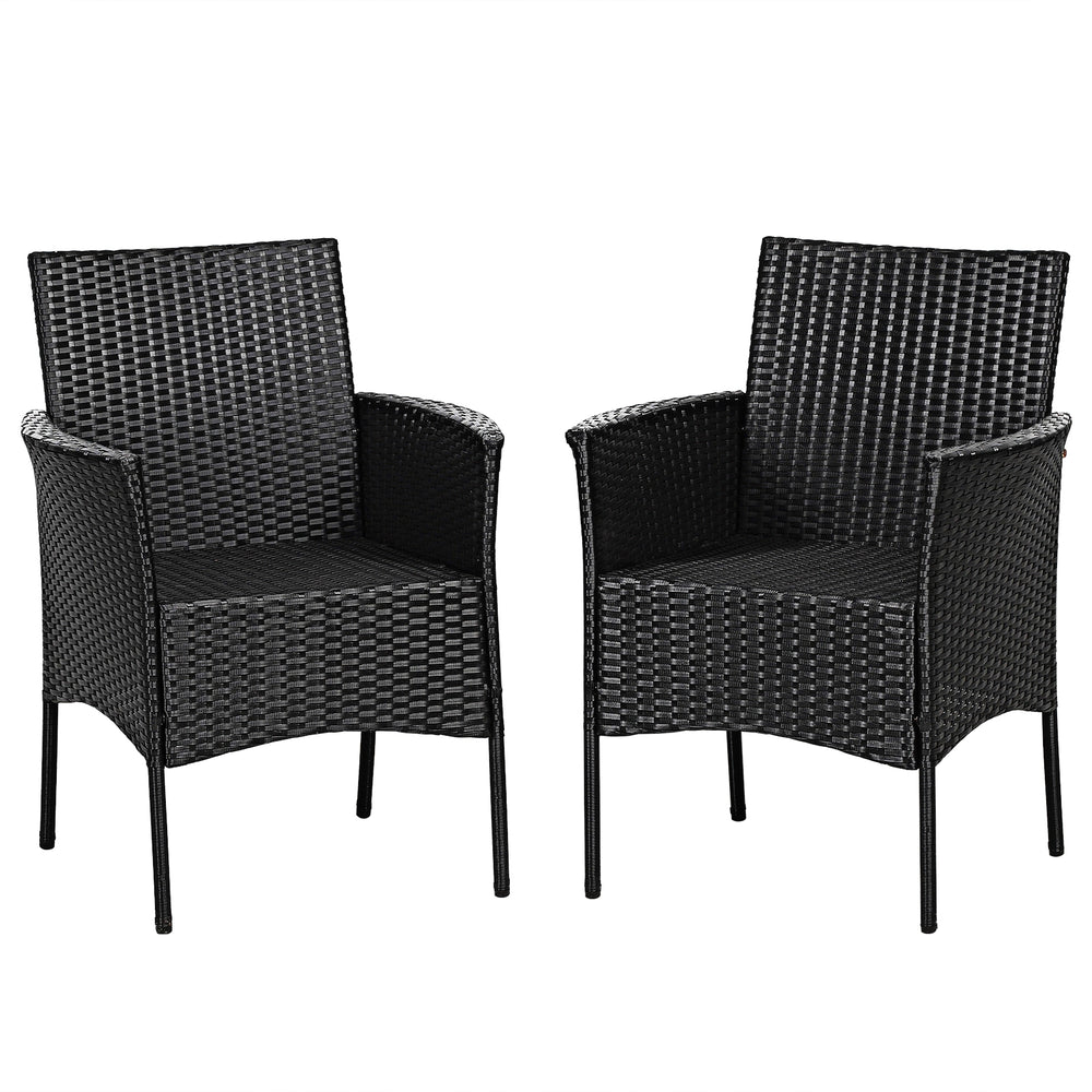 Two black patio wicker chairs with cozy seat cushions, featuring a sturdy steel frame and weather-resistant PE rattan.