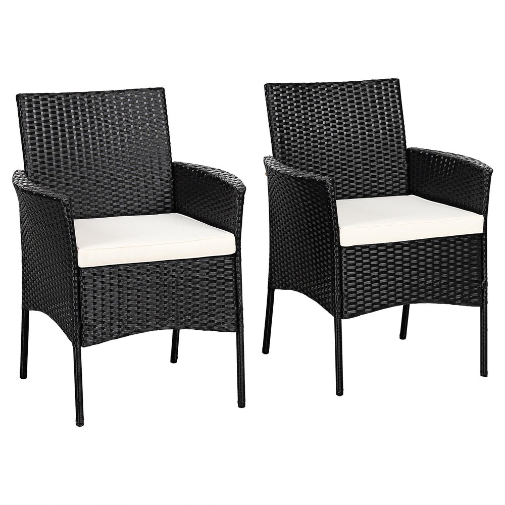 Two black patio wicker chairs with cozy seat cushions, featuring a sturdy steel frame for outdoor use.