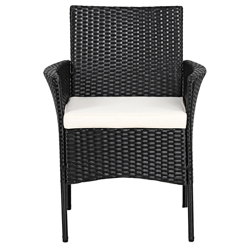 Black patio wicker chair with cozy white seat cushion, featuring a sturdy steel frame for outdoor use.