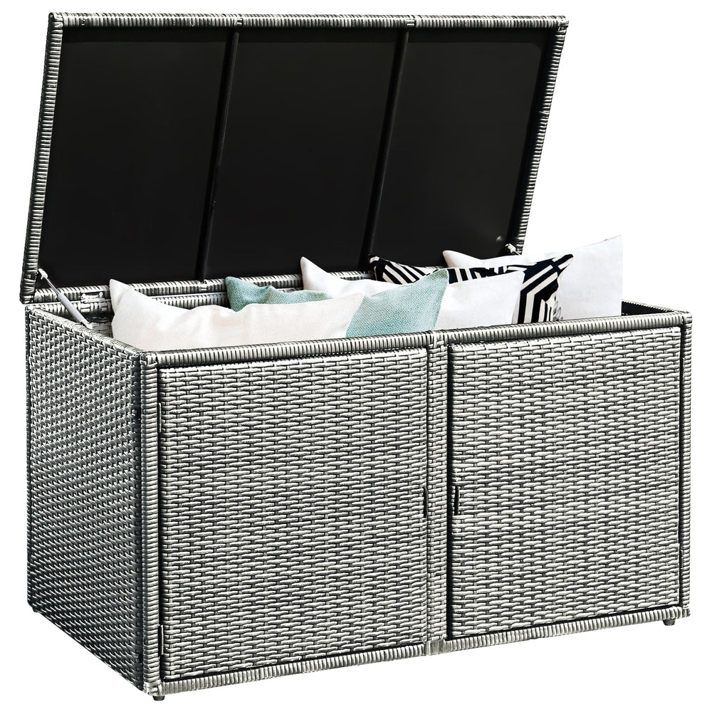 Weather-proof garden patio rattan storage box with adjustable feet and two-layer design, perfect for outdoor.