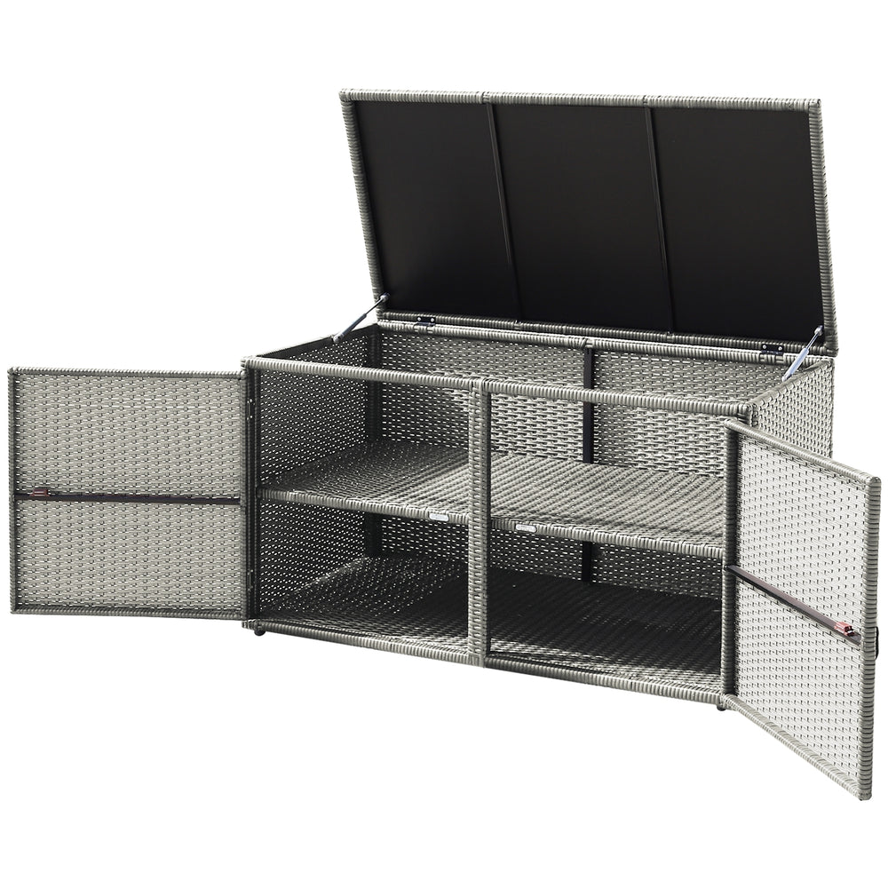 Rattan storage container box with dual access, 88-gallon capacity, sturdy steel frame, ideal for patio or garden use.