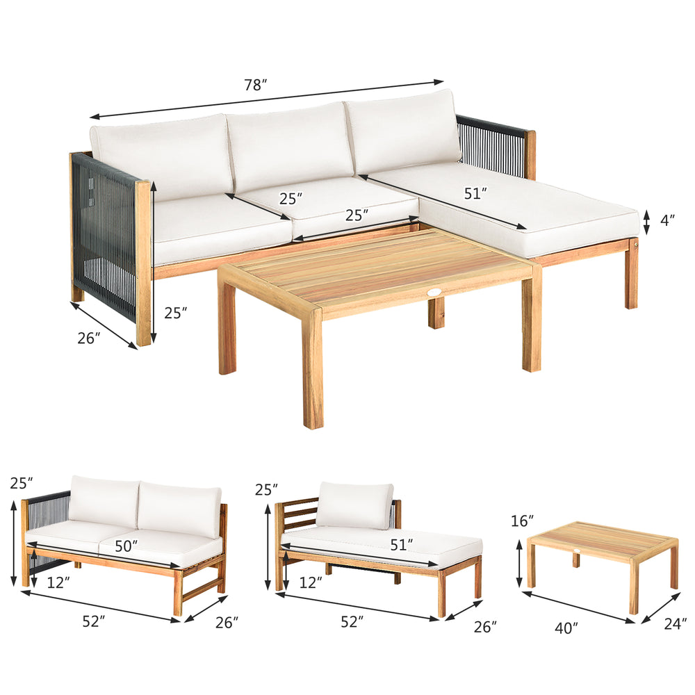 3-piece patio acacia wood sofa set with nylon rope armrest and thick cushions, ideal for outdoor relaxation.