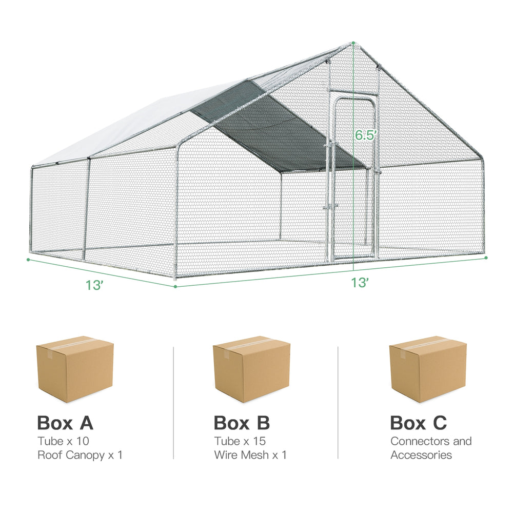 Walk-in chicken coop measuring 13 x 13 feet with waterproof cover, galvanized steel frame for outdoor backyard use.