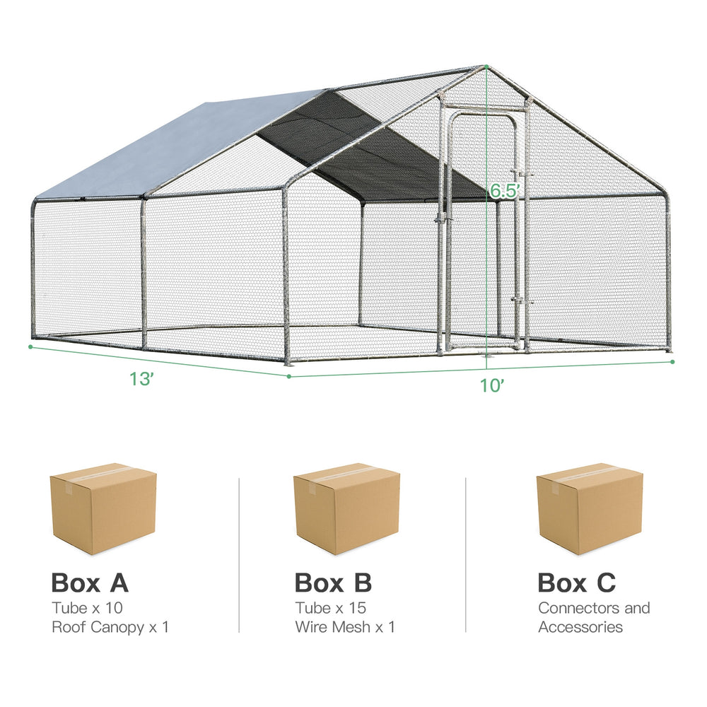 Large walk-in chicken coop with roof cover, PVC coated wire mesh, and galvanized frame for outdoor safety and.