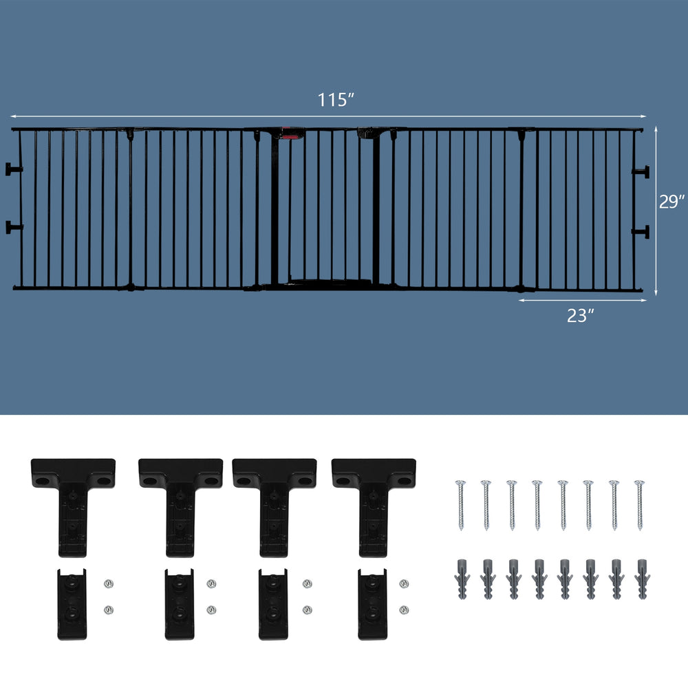 5-panel adjustable black fireplace fence, 115 inches long, made of durable steel, ideal as a baby gate or pet barrier.