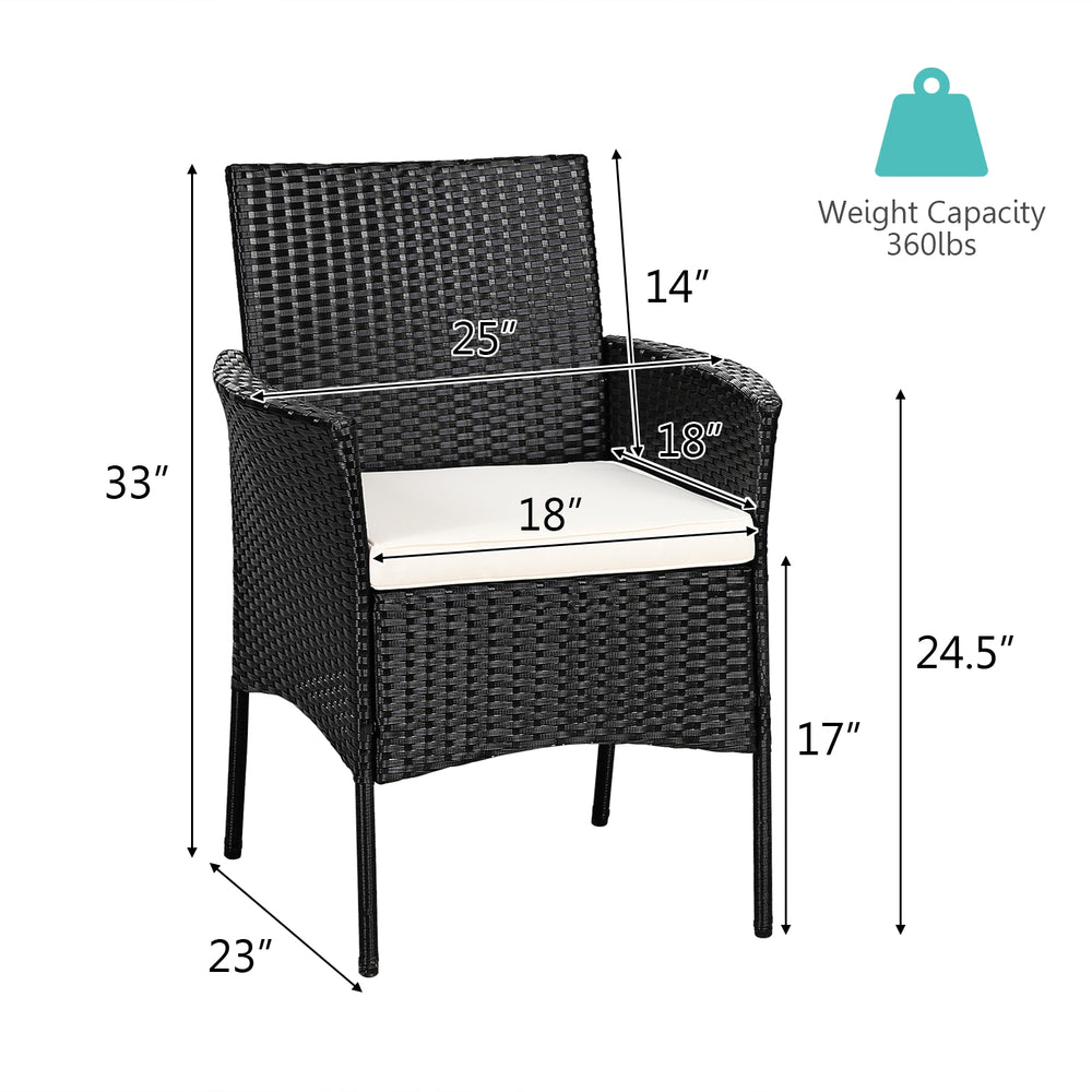 Black patio wicker chair with cozy seat cushion, 360 lbs capacity, ideal for outdoor use in backyard or garden.
