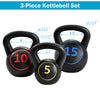 3-piece kettlebell weight set including 5, 10, and 15lbs for effective strength training and full body workouts.