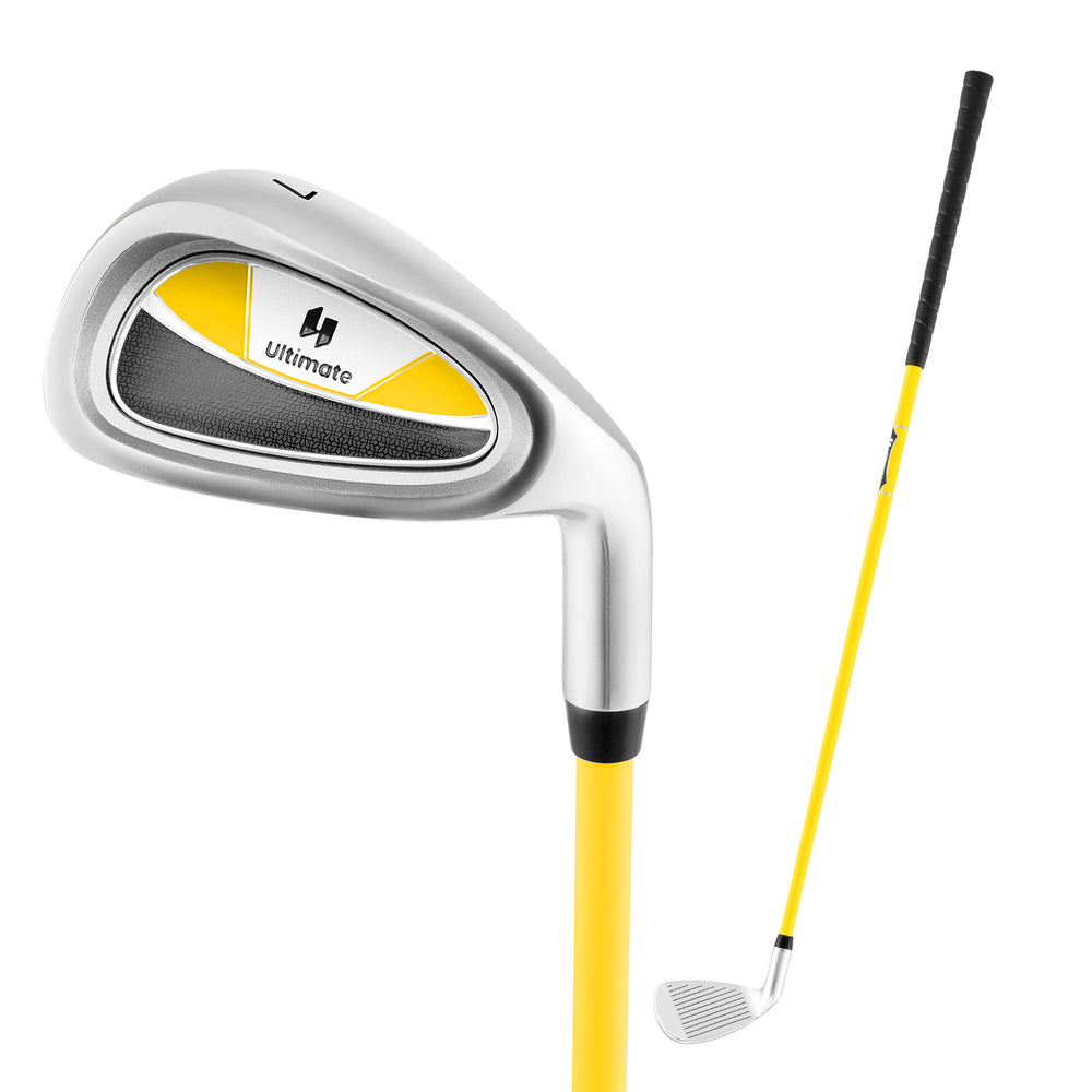 Individual yellow golf club for kids with fiberglass shaft, aluminum alloy head, and matching headcover for protection.