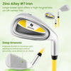 Individual yellow golf club for kids with aluminum alloy head, fiberglass shaft, and deep grooves for enhanced control.