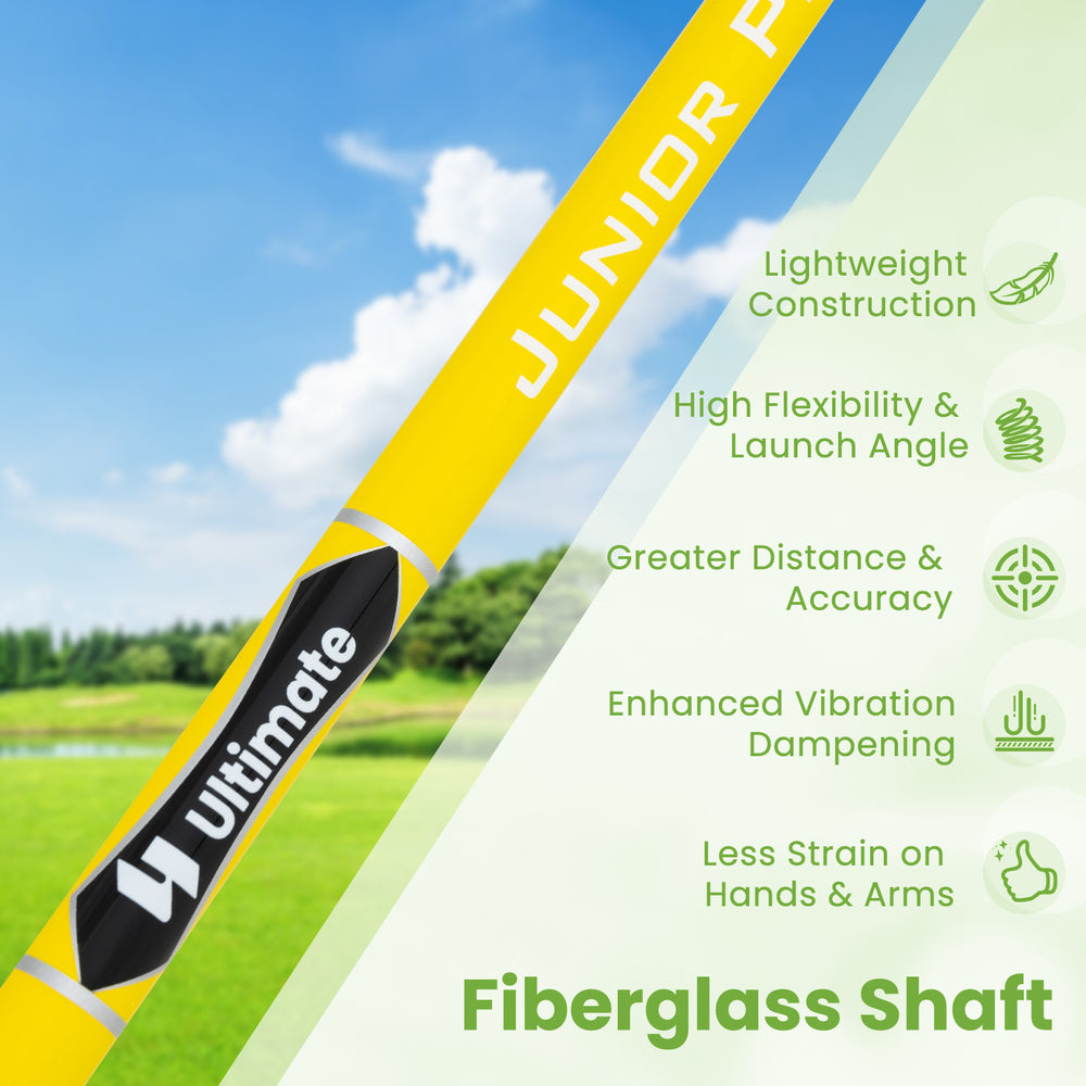 Junior golf club for kids aged 8-10 with a lightweight fiberglass shaft and aluminum alloy head for improved accuracy.