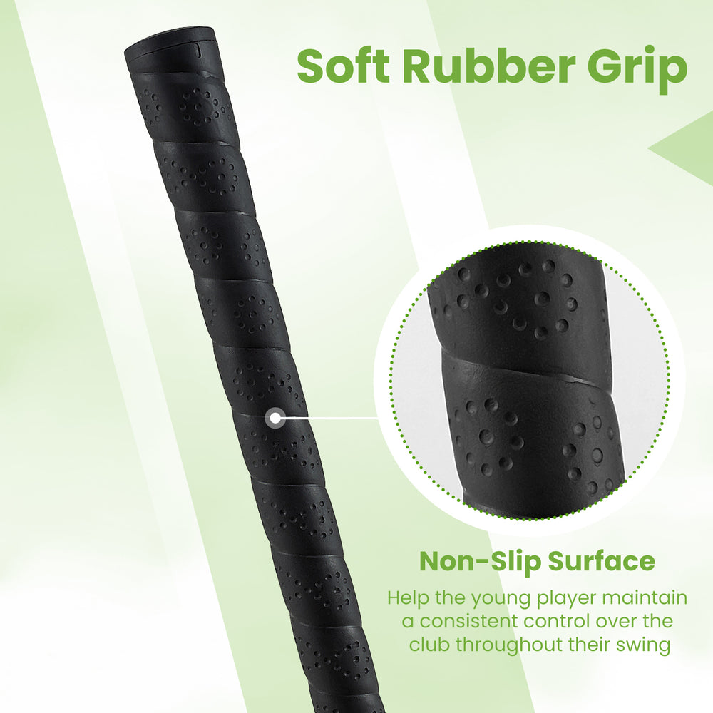 Close-up of the soft rubber grip on a kids' golf club, designed for comfort and non-slip control during swings.