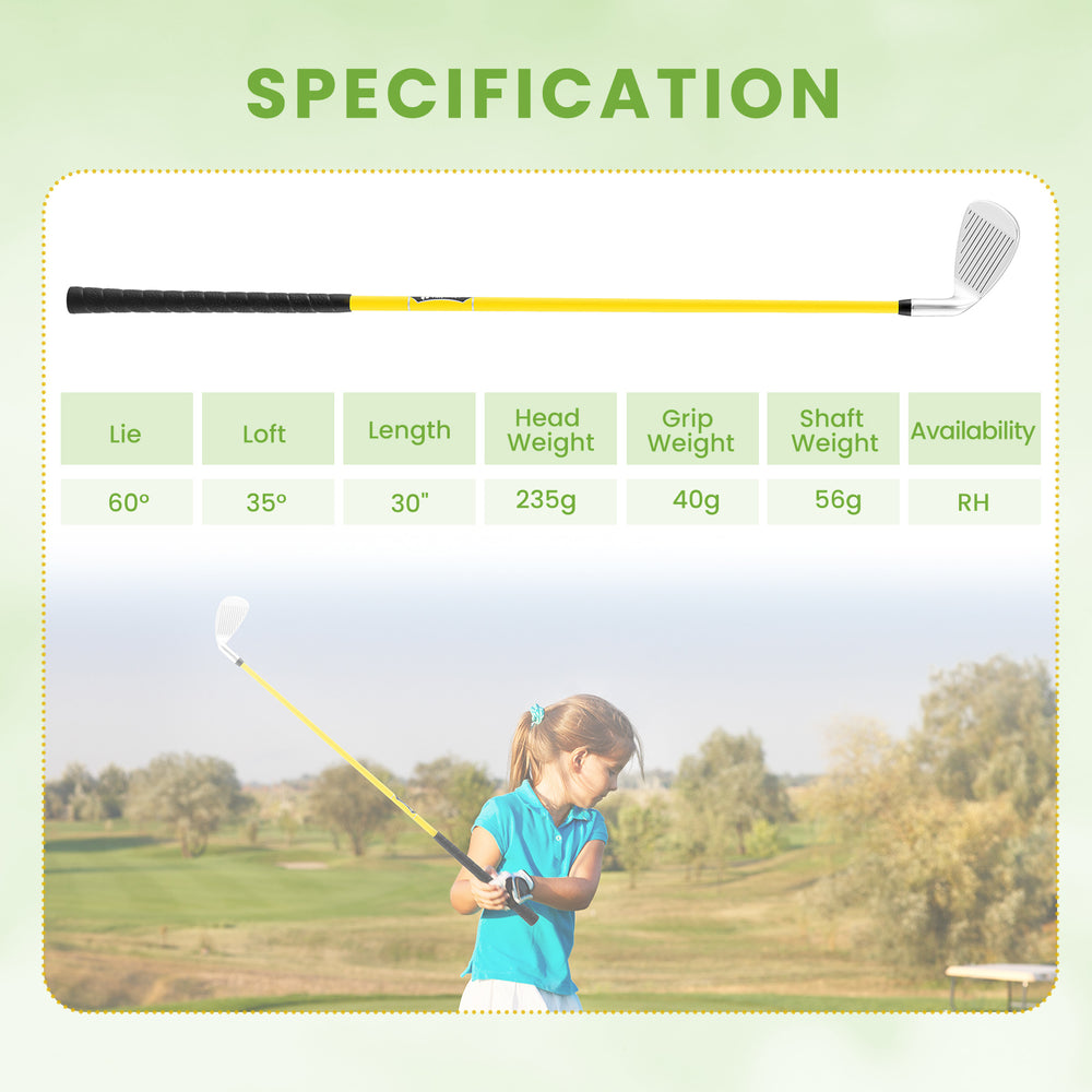 Yellow individual golf club for kids aged 8-10, featuring a fiberglass shaft and aluminum alloy head with headcover.