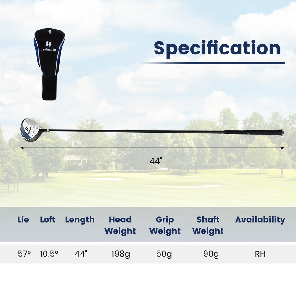 Individual 10.5° driver golf club with lightweight aluminum head, 44" graphite shaft, and anti-slip rubber grip for men.