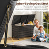 Brown 85-gallon storage container with waterproof liner, gas strut lid support, and universal wheels for easy mobility.