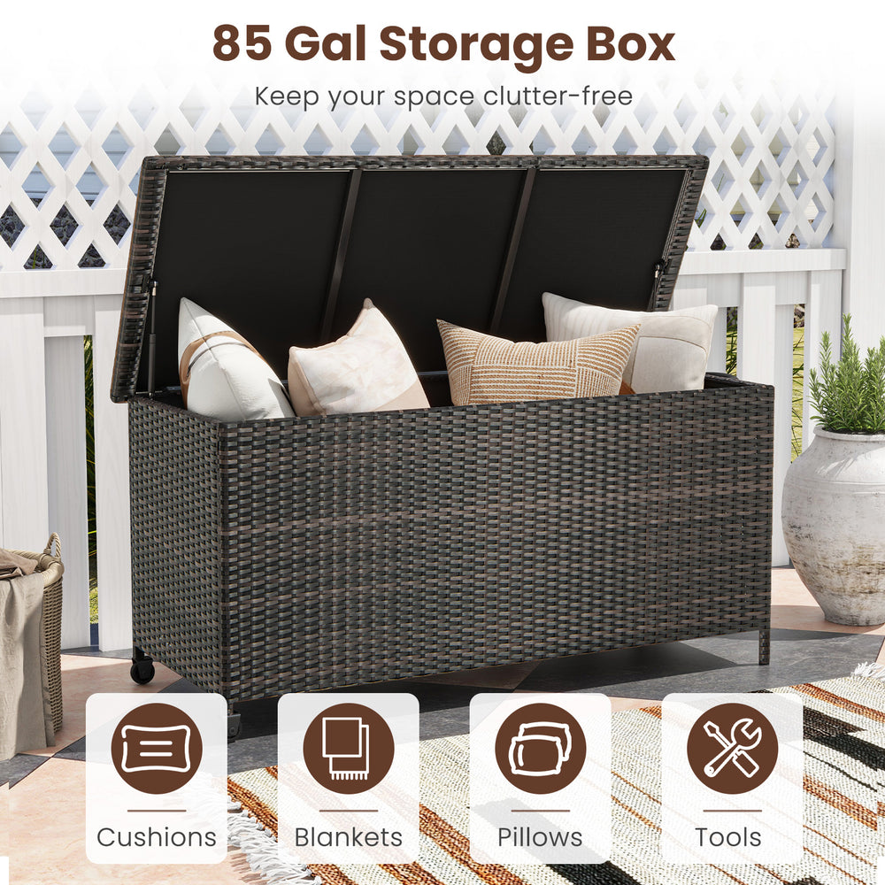 85-gallon brown storage box made of PE rattan, ideal for cushions and blankets, with waterproof liner and wheels for.