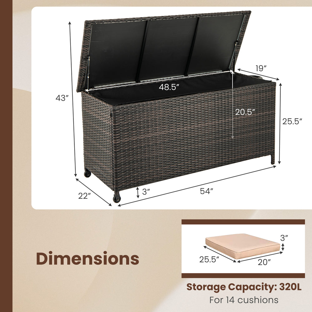 Brown 85-gallon storage container with waterproof liner, universal wheels, and gas strut lid for outdoor use.
