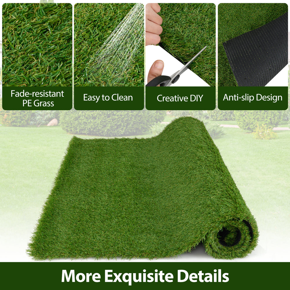 Close-up of synthetic turf mat texture showing lush green fibers and drainage holes, perfect for indoor and outdoor.