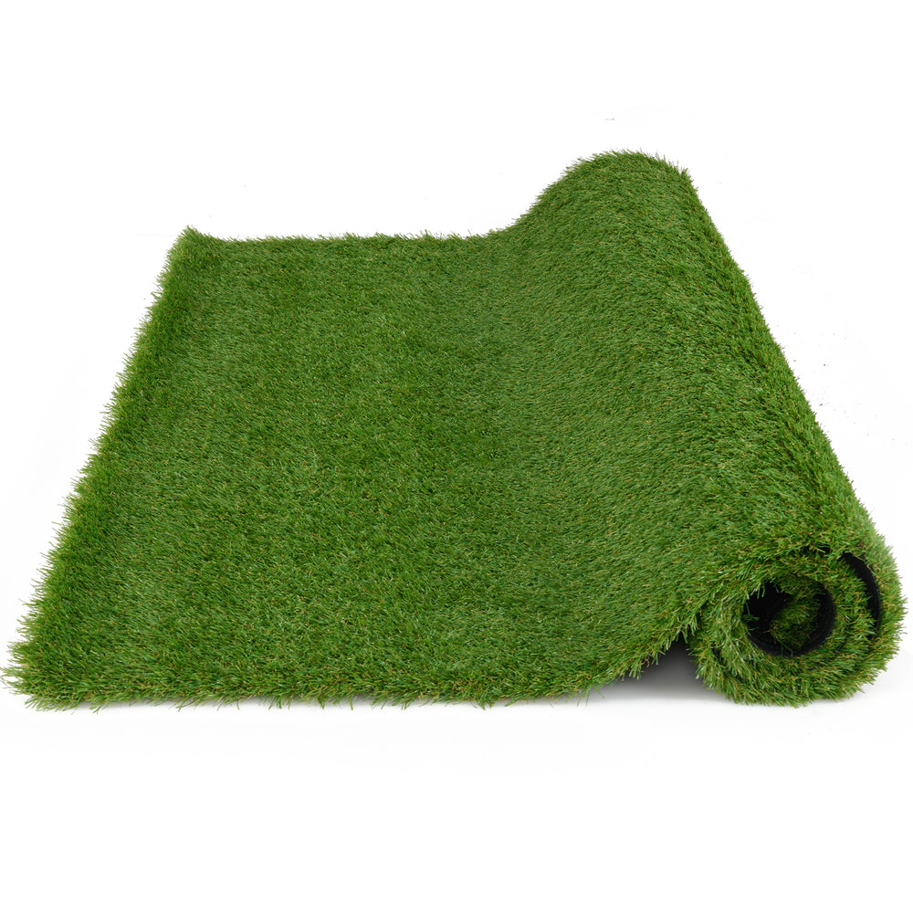 Rolled synthetic turf mat with drainage holes, 1.4"/35 mm pile height, pet-friendly for indoor and outdoor use.