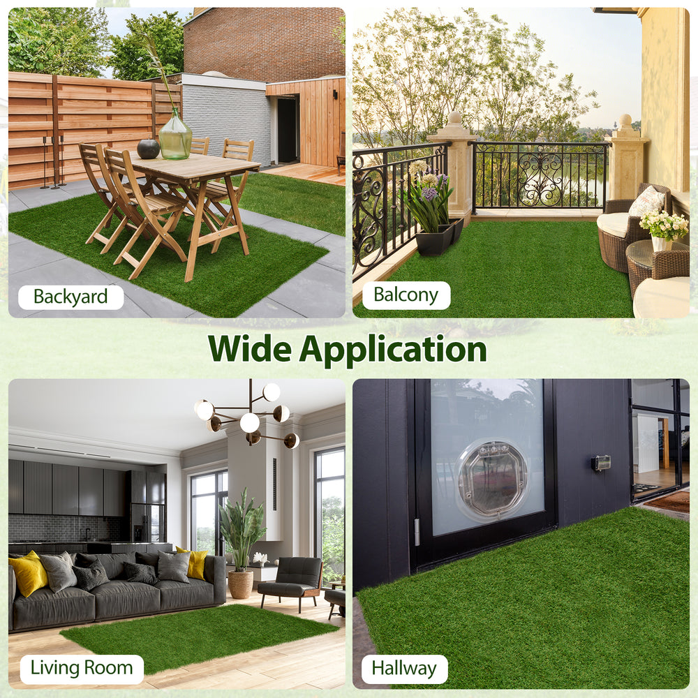 Indoor outdoor synthetic turf mat with drainage holes, featuring a 1.4" pile height, ideal for backyard and balcony use.