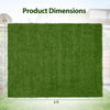 Synthetic turf mat dimensions of 4 ft x 6 ft, featuring drainage holes and a realistic green hue for outdoor use.