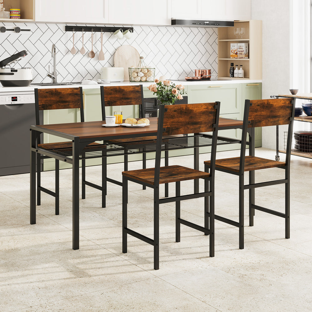 Industrial kitchen table set with rustic brown finish and metal legs, accompanied by supportive chairs for stylish.