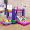 Inflatable bounce house with slide, splash pool, and ring toss games in vibrant unicorn theme for kids aged 3 to 10.