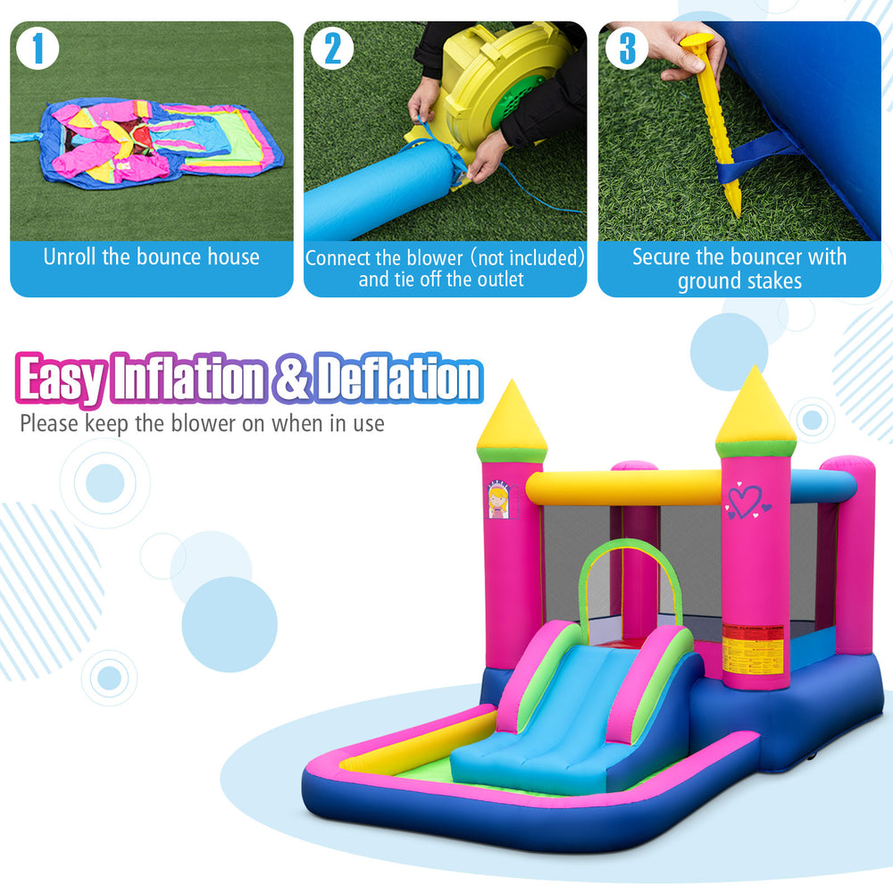 Princess-themed inflatable bounce house with slide, basketball hoop, and ball pit for kids' outdoor fun and safety.