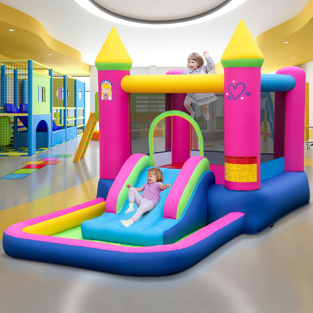 Princess-themed inflatable bounce house with slide, basketball hoop, and ball pit for kids' indoor and outdoor fun.