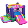 Inflatable bounce house with slide, splash pool, and unicorn theme, featuring mesh walls and basketball hoop for kids.