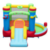 Music-themed inflatable bounce house with slide, ball pit, and basketball hoop for outdoor fun and active play.