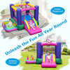 Inflatable bounce house with slide and splash pool, featuring unicorn theme, for kids aged 3 to 10, ideal for outdoor.