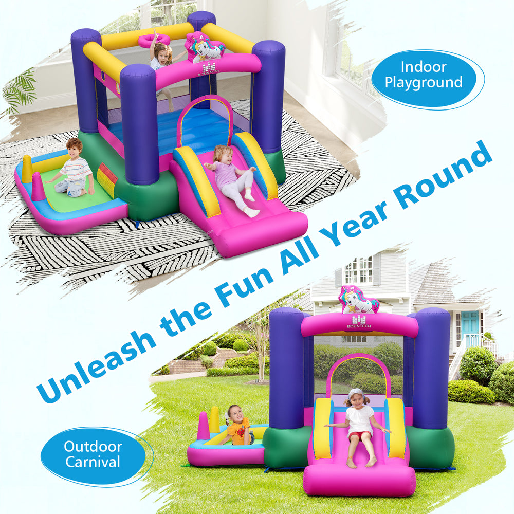 Inflatable bounce house with slide and splash pool, featuring unicorn theme, for kids aged 3 to 10, ideal for outdoor.