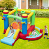 Colorful inflatable bounce house with slide, ball pit, and basketball hoop for kids' outdoor fun and active play.