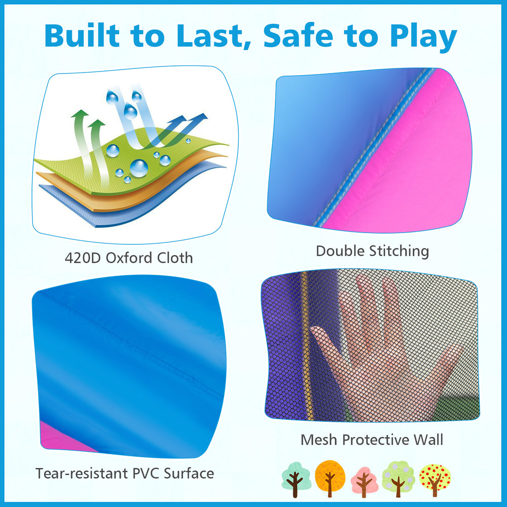Close-up of the inflatable bounce house's tear-resistant PVC surface and mesh protective wall for safe play.