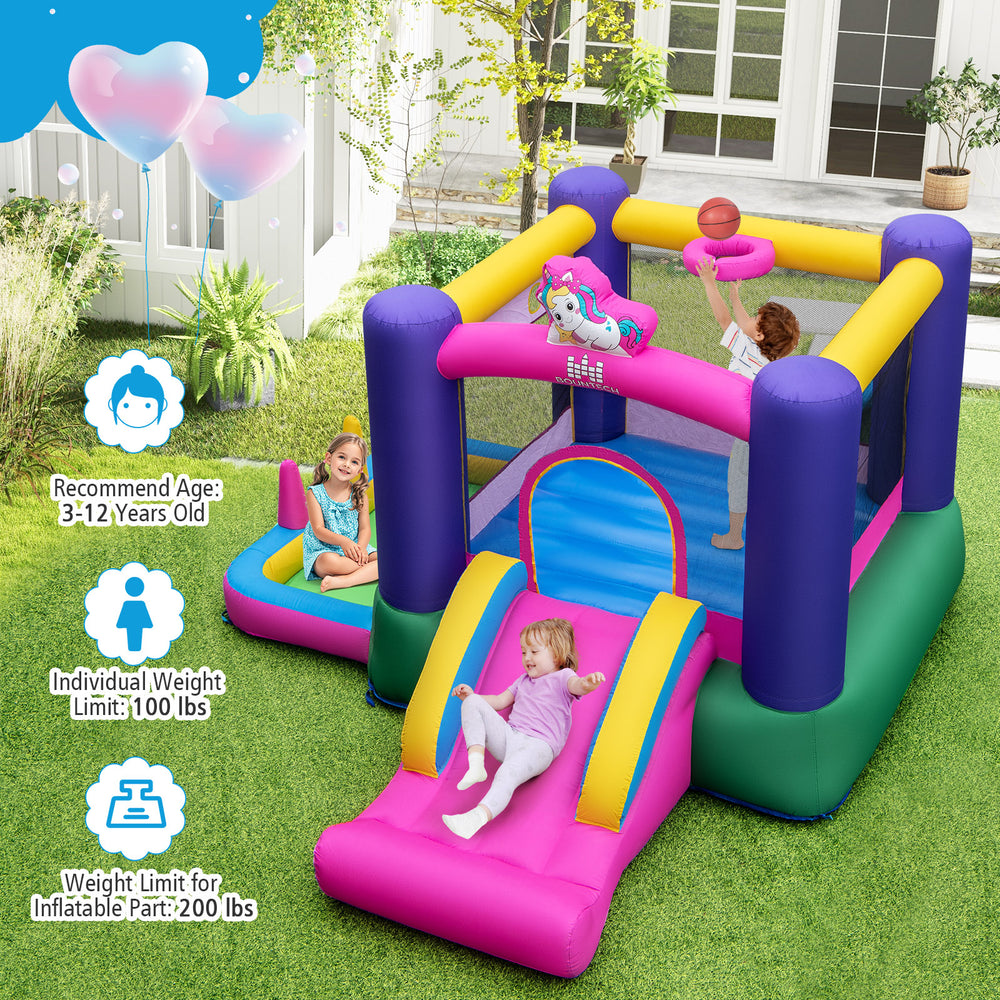 Inflatable bounce house with slide, splash pool, and ring toss games in unicorn theme for kids aged 3-12 years.
