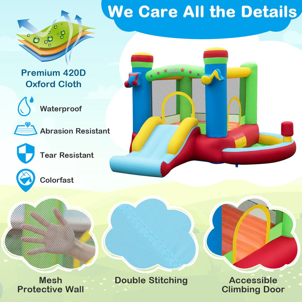 Inflatable bounce house with music theme, featuring a slide, basketball hoop, and made of waterproof 420D oxford cloth.