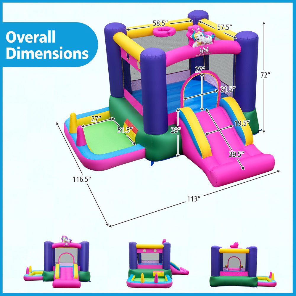 Inflatable bounce house with slide, splash pool, and ring toss games, featuring a unicorn theme for kids aged 3 to 10.