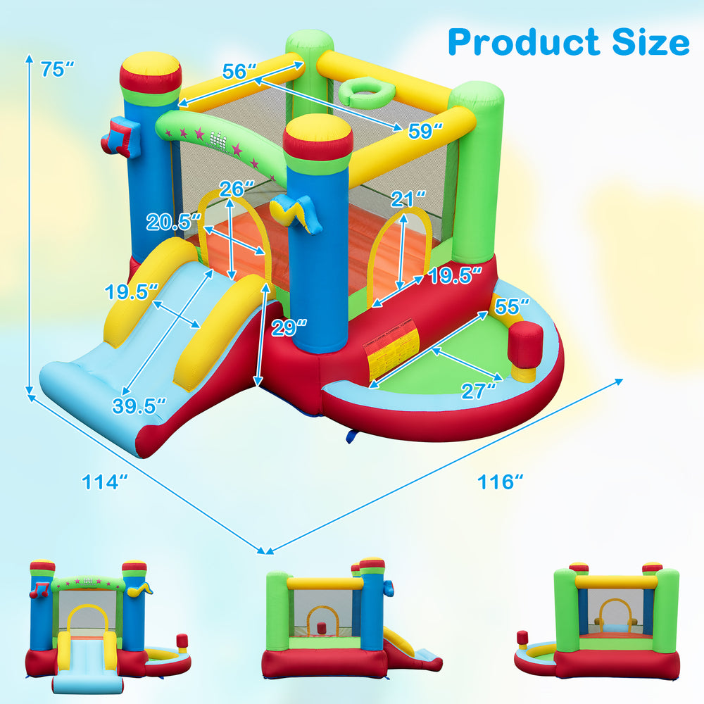 Inflatable bounce house with music theme, featuring a slide, basketball hoop, and ball pit for kids' outdoor fun.
