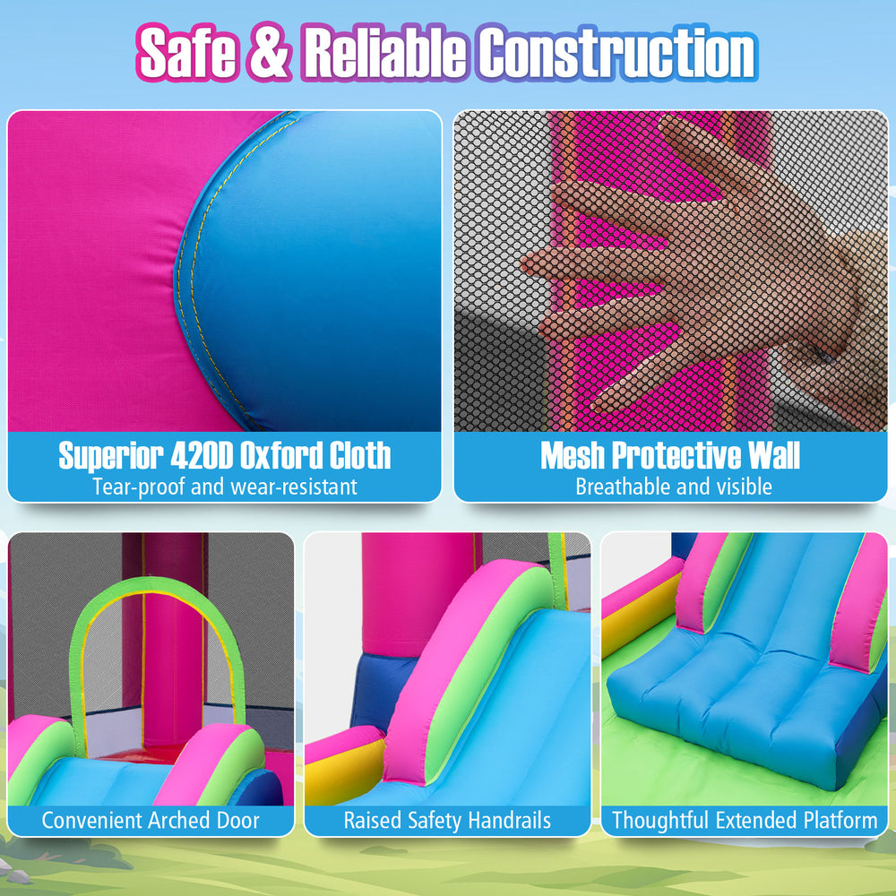 Princess-themed inflatable bounce house with mesh walls, wide slide, and safety features for kids' fun and security.