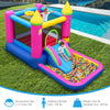 Inflatable princess bounce house with slide and ball pit, made of durable fabric, suitable for kids aged 3-12 years.