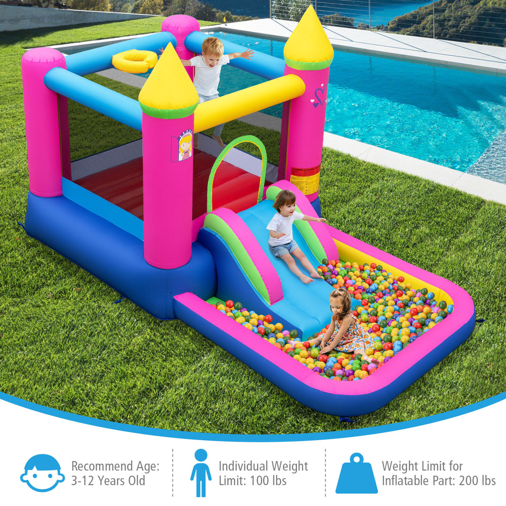 Inflatable princess bounce house with slide and ball pit, made of durable fabric, suitable for kids aged 3-12 years.