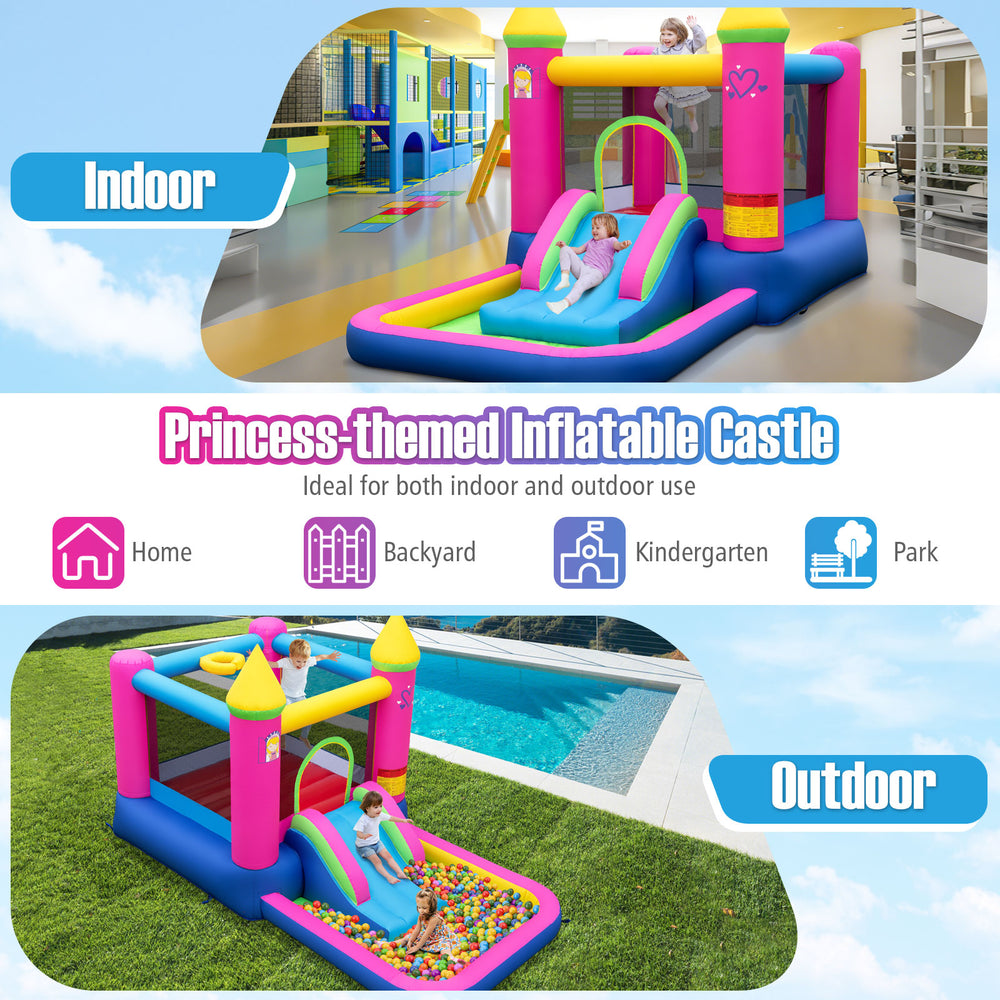 Princess-themed inflatable bounce house with slide, basketball hoop, and ball pit for indoor and outdoor fun.