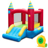Inflatable kids bounce castle with red and blue design, includes 480W blower for quick inflation, perfect for outdoor.